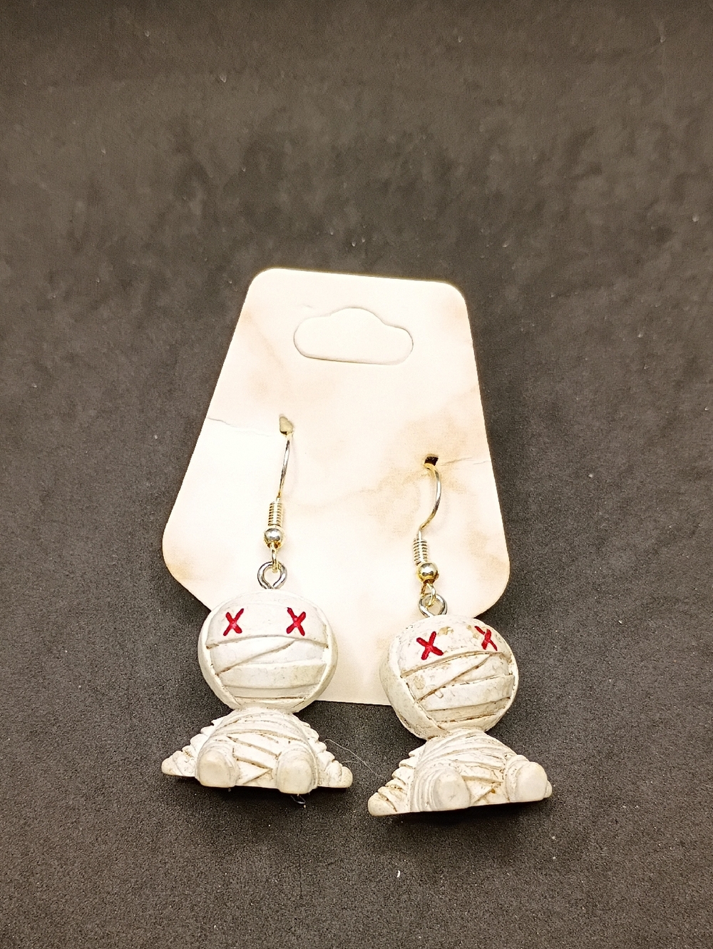 White Mummy Doll Dangle Earrings with Red Stitch Eyes